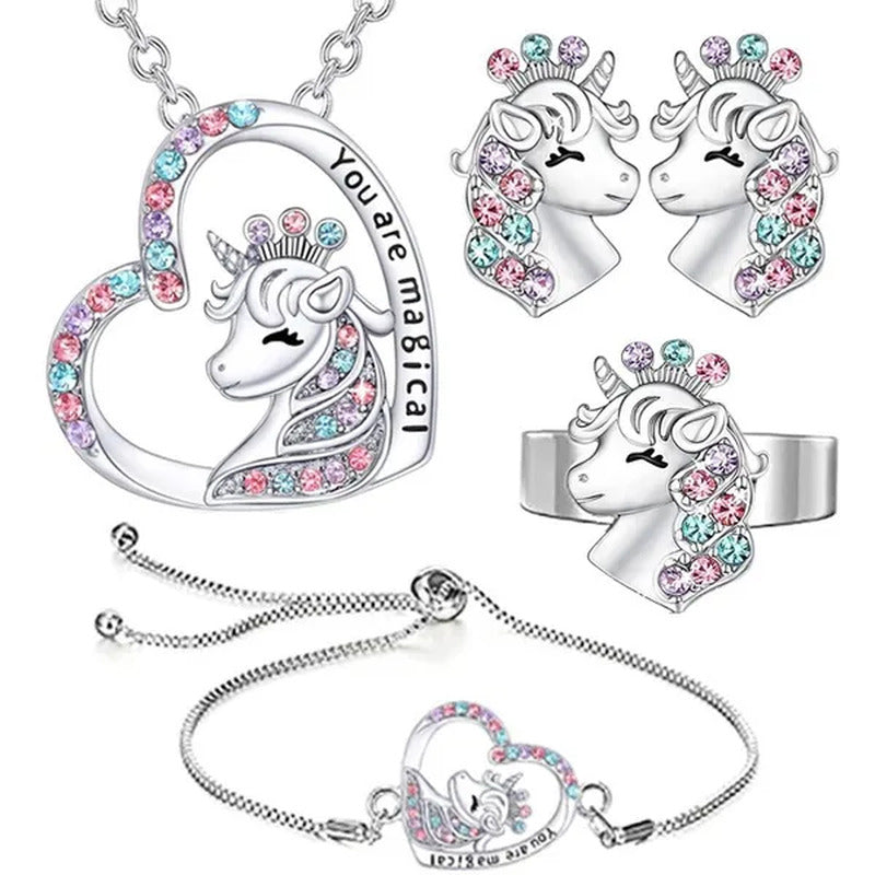 1/4Pcs You Are Magical Heart Shape Birthstone Crystal Unicorn Necklace Bracelet