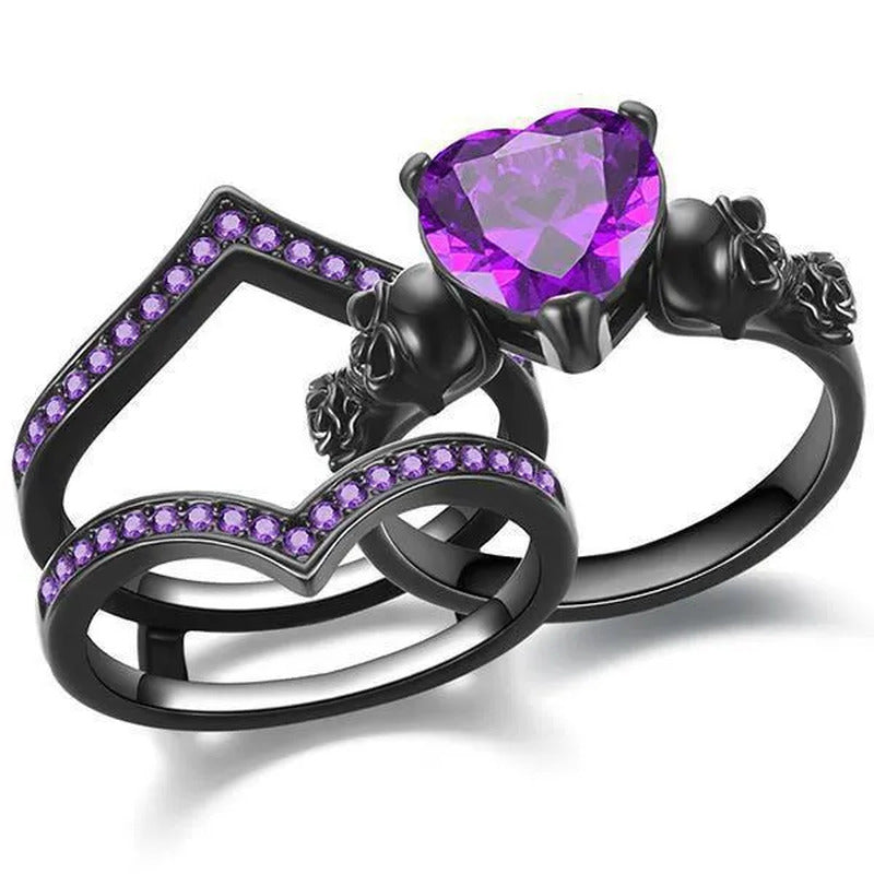 Gothic Black Rose Flower Skull Engagement Rings Set Red Purple Heart-Shaped Zirc