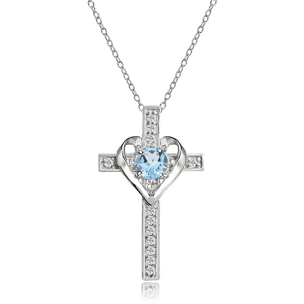 Sterling Silver Blue Topaz and White Topaz Heart Cross Birthstone Pendant Neckla