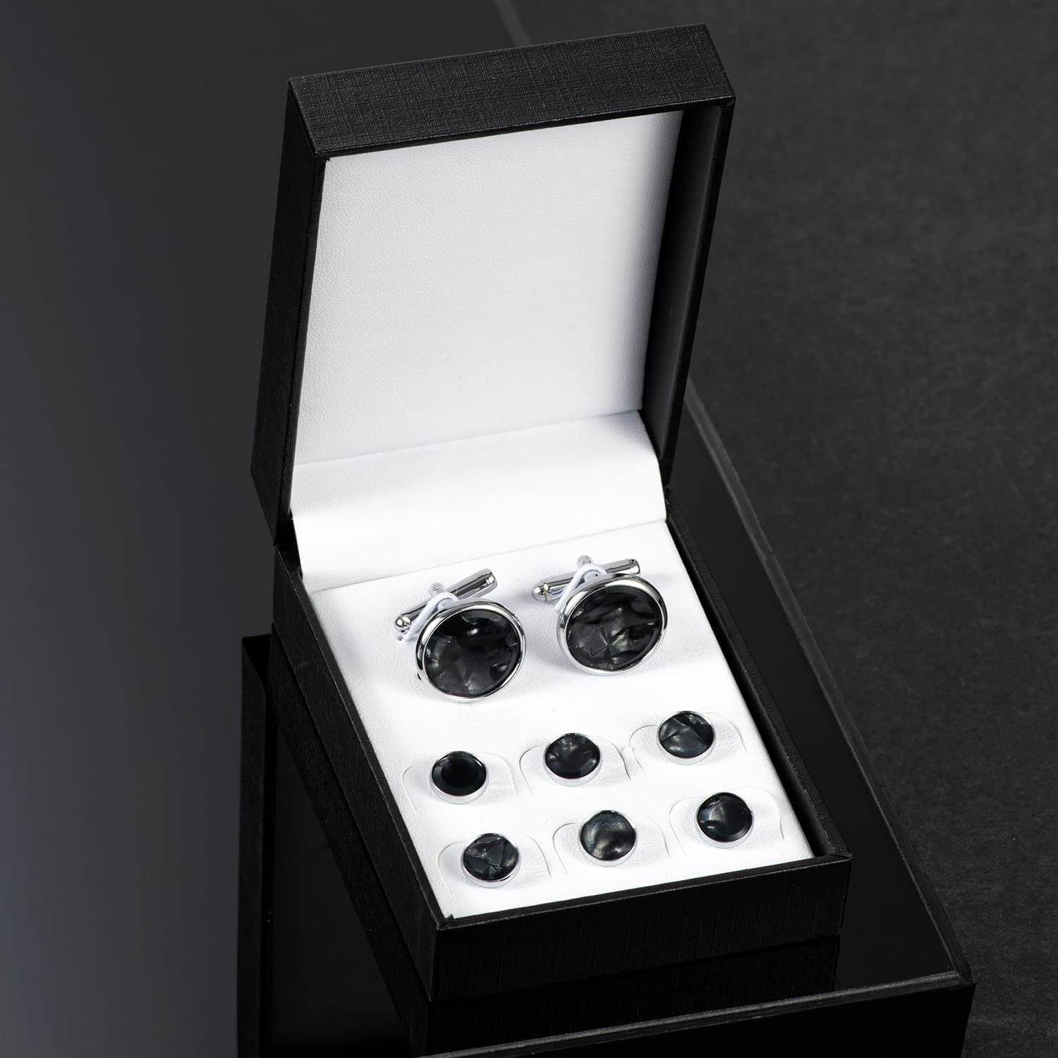 Mens Mother of Pearl Cufflinks and Studs Tuxedo Bottons Set Presentation Box Bus