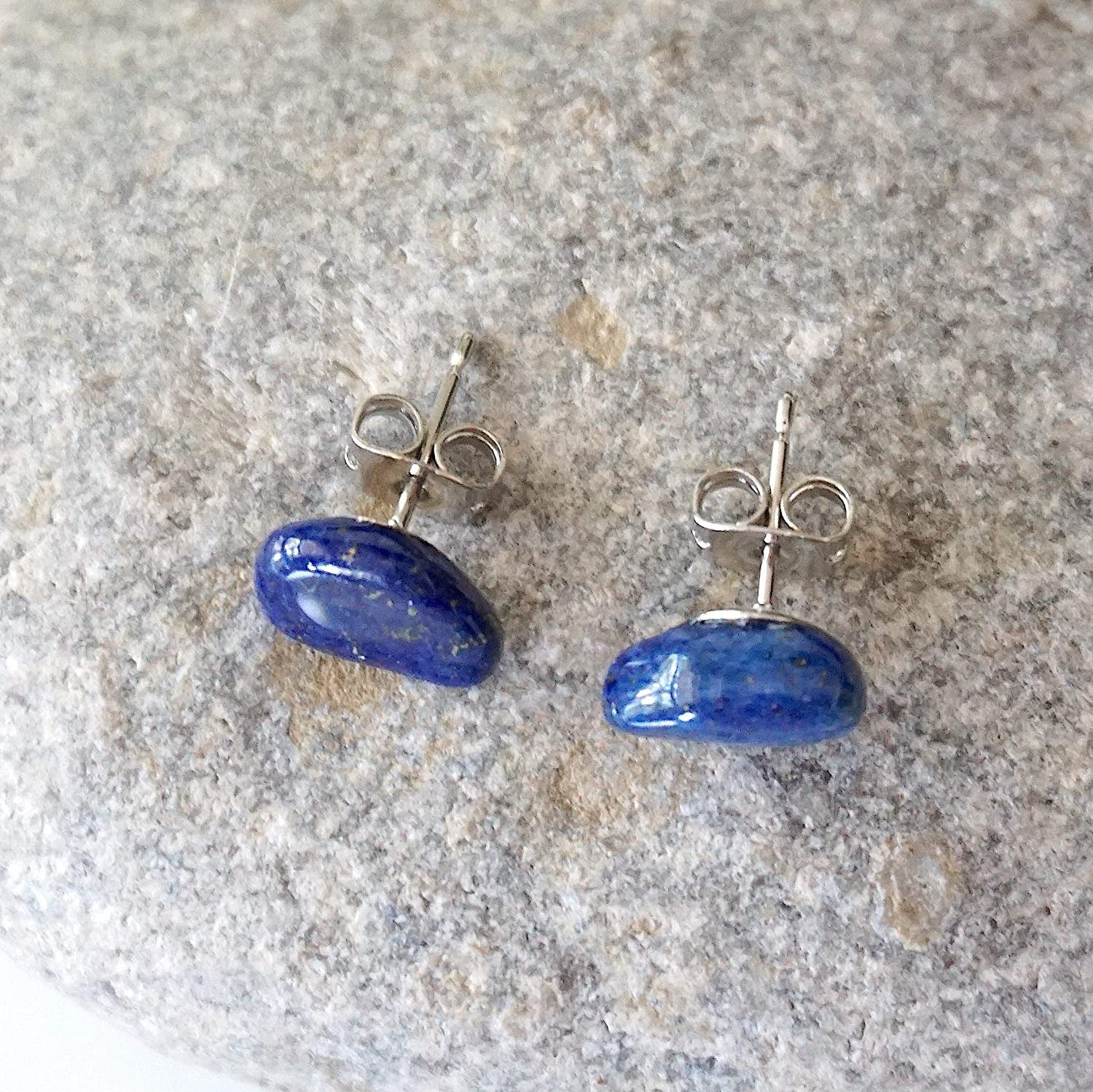 Raw Lapis Lazuli Earrings - Deep Blue Stud Earring - 5-10Mm Sterling Silver Stud