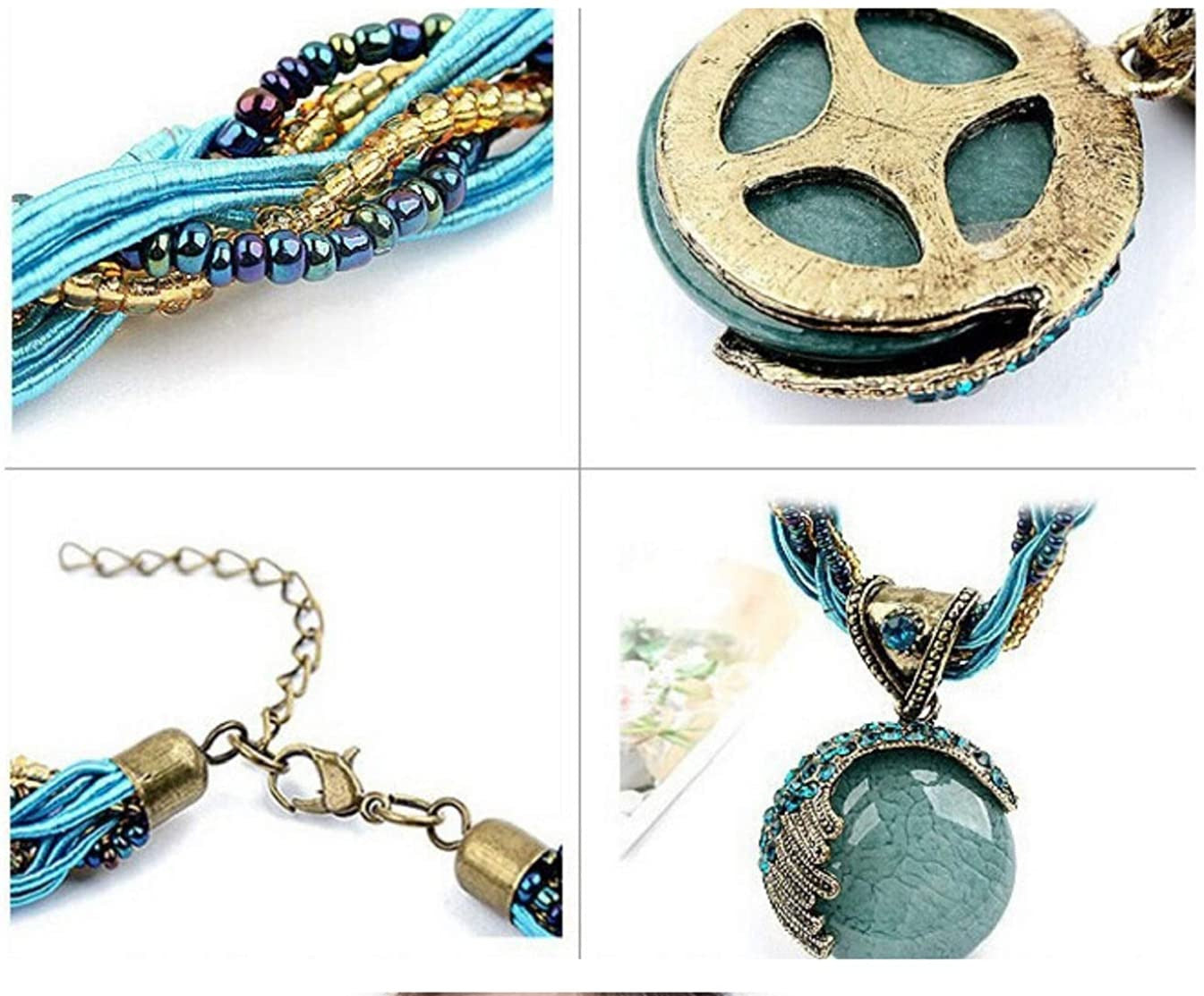 Women Lady Retro Vintage Bohemian Style Turquoise Rhinestone Pendant Collar Chai