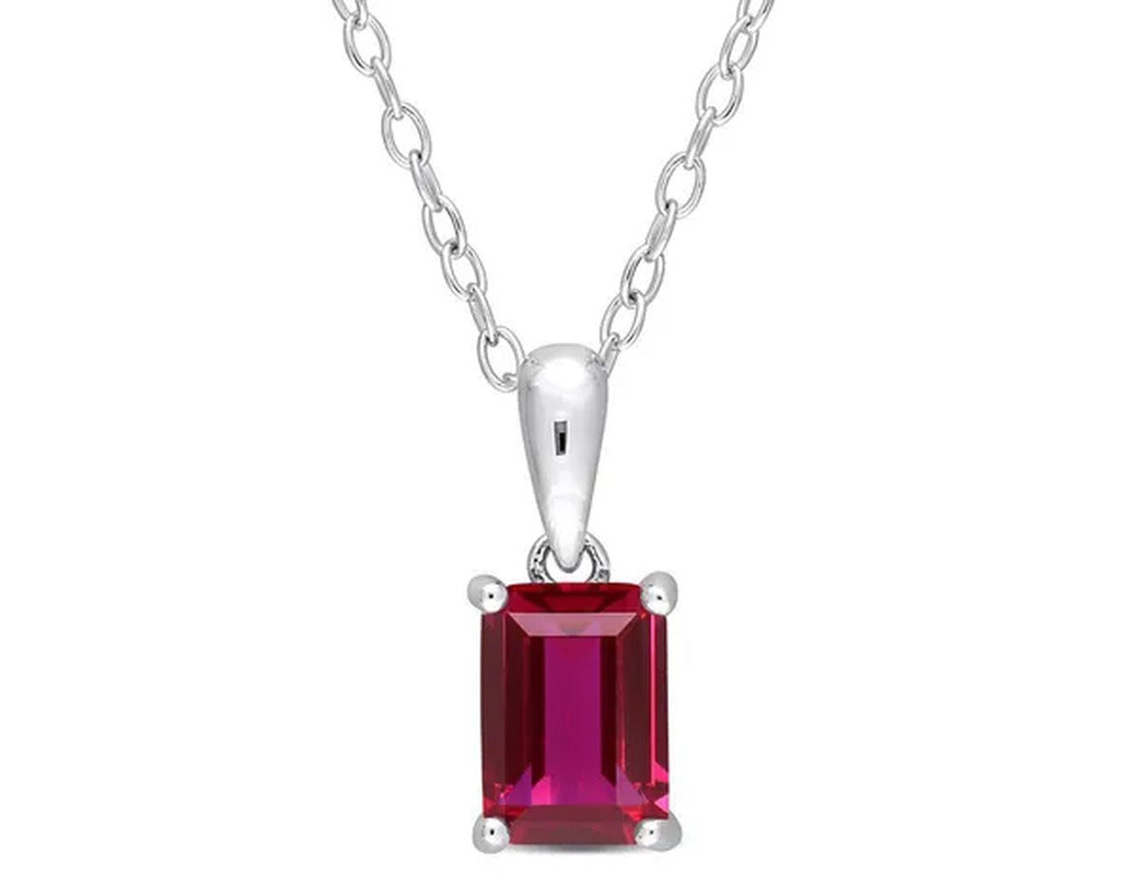 1 1/2 Carat (Ctw) Emerald-Cut Lab-Created Ruby Solitaire Pendant Necklace in Ste