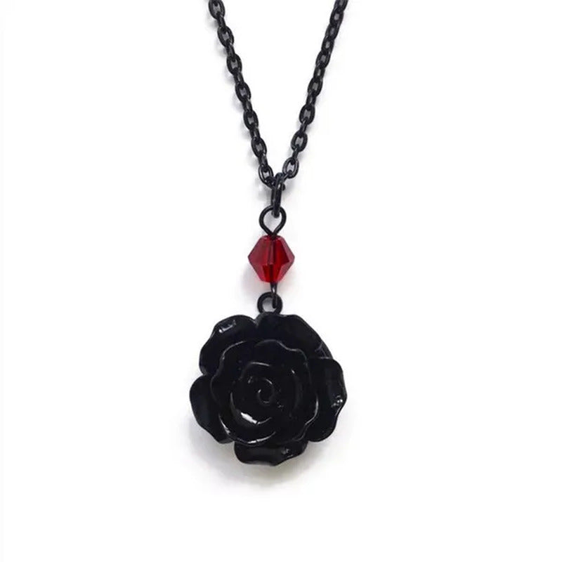 Black Rose Gothic Necklace with Red Bead, Victorian Pendant, Gothic Jewelry, Rom