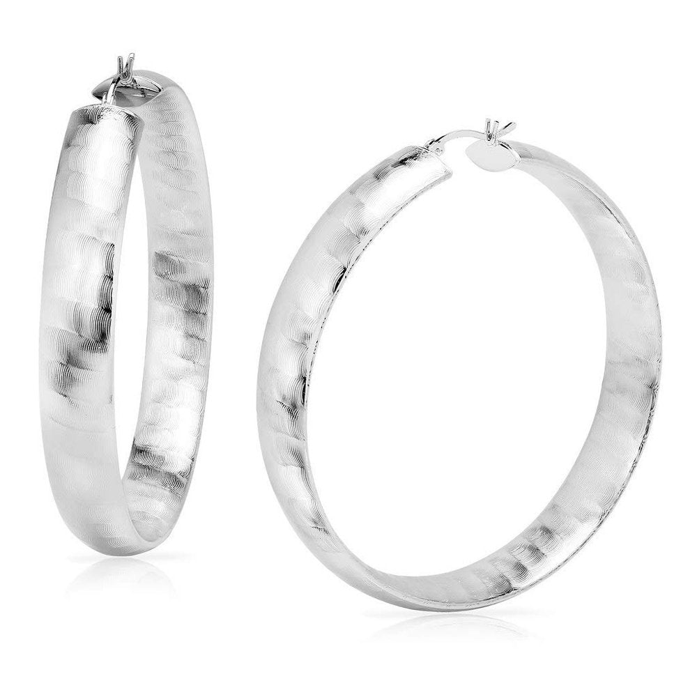 - Silver Dipped 60Mm Hammered Brushed Fashion Click Top Hoop Earrings