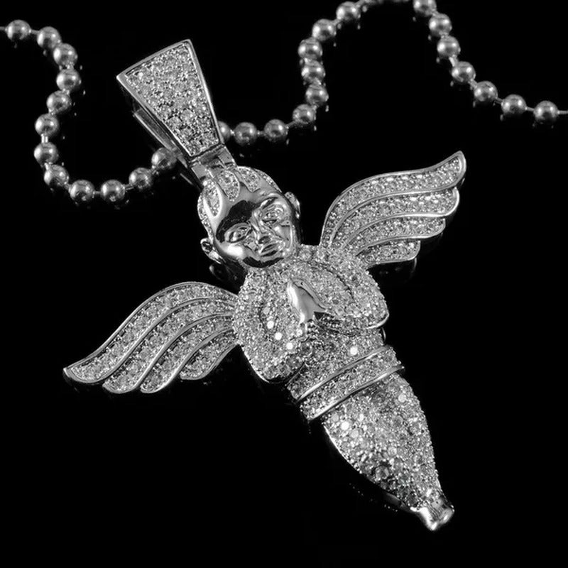 18K White Gold Plated Out Iced ANGEL Pendant Piece Ball Chain Micro Necklace