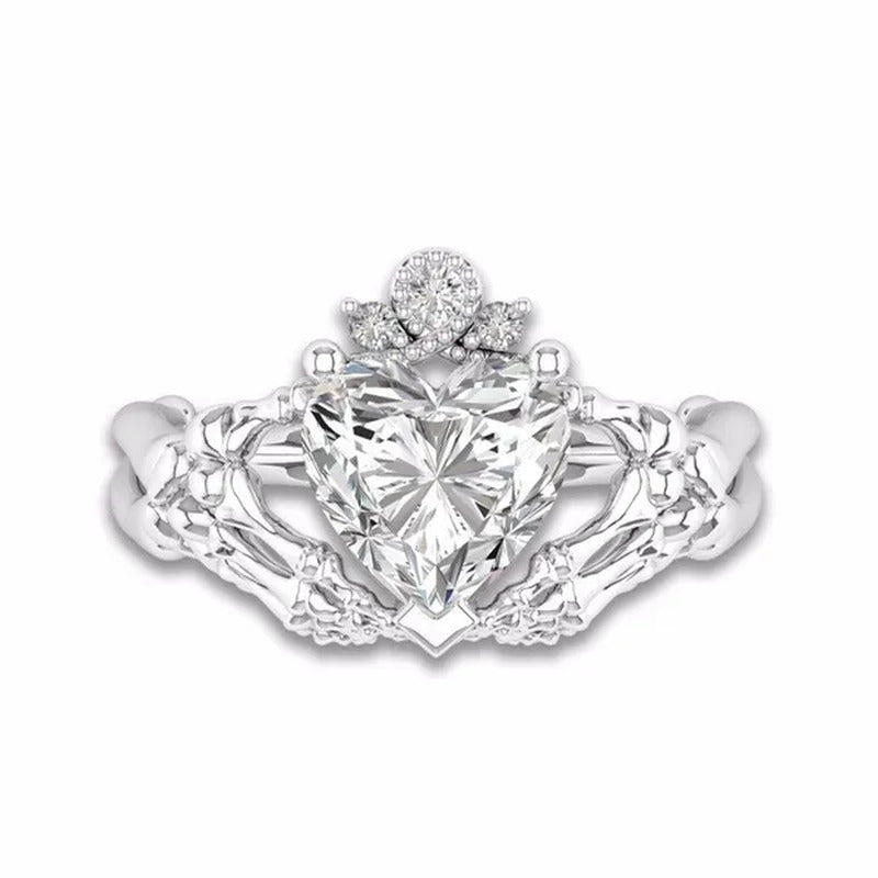 Claddagh White Sapphire Heart Punk Skeleton Hands Diamond Promise Proposal Engag