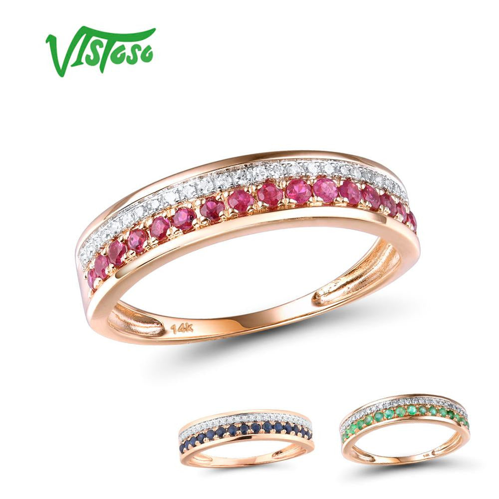 14K Rose Gold Rings for Lady Genuine Shiny Diamond Fancy Ruby Sapphire Emerald