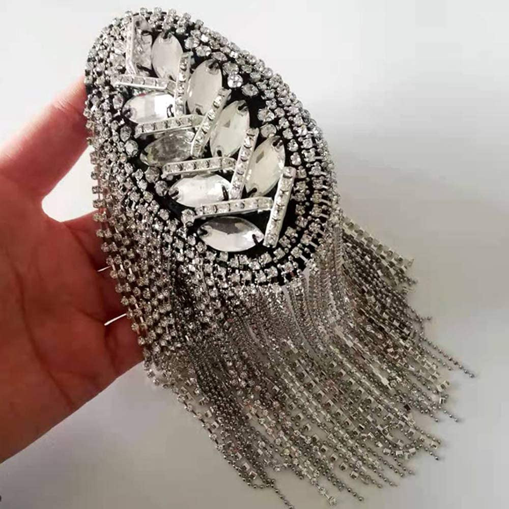 2Pcs Rhinestone Tassel Shoulder Epaulet Spike Chain Shoulder Badge Brooch Pins f