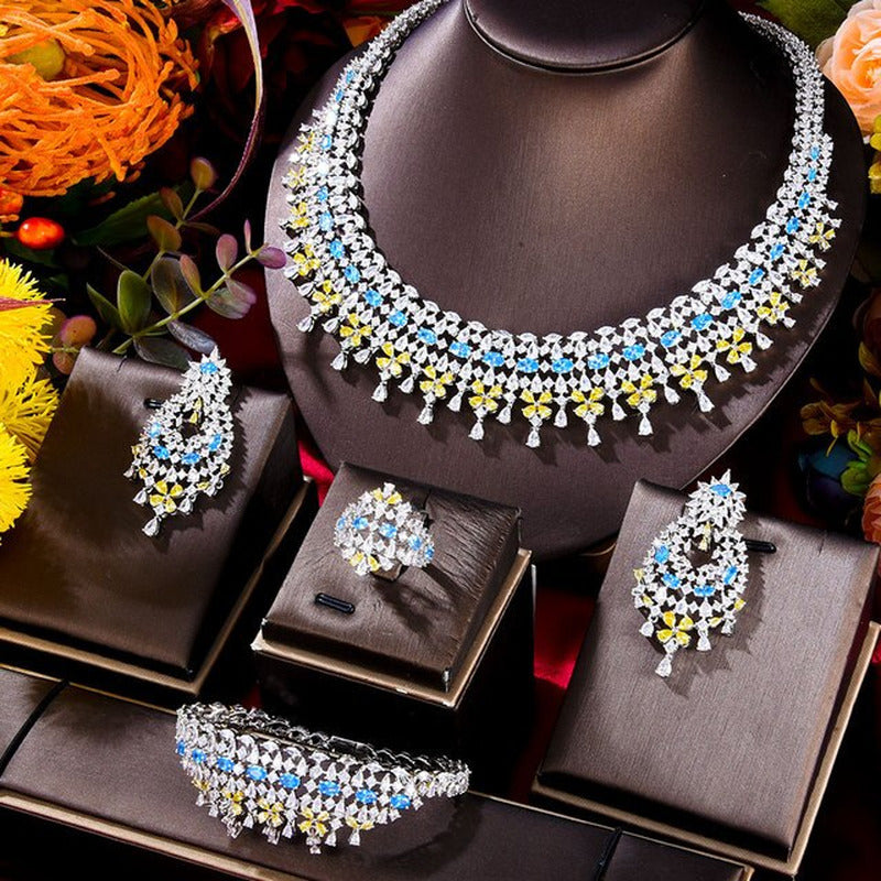 New Trendy Green Blue Mix UAE Jewelry Sets for Women Wedding Party Zircon CZ