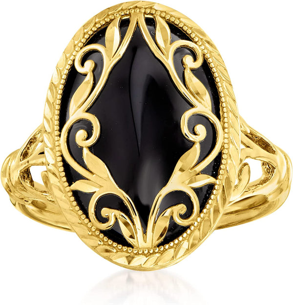 Black Onyx Scrollwork Ring in 14Kt Yellow Gold