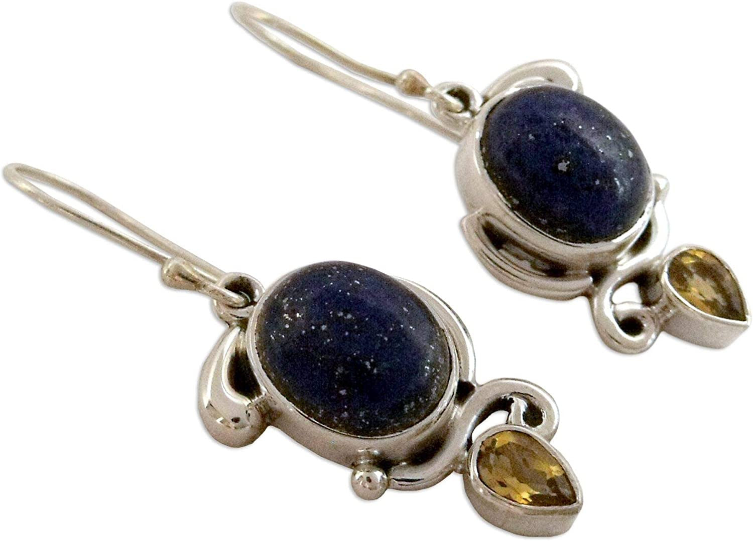 Lapis Lazuli and Citrine Dangle Earrings in 925 Sterling Silver Settings 'Royal