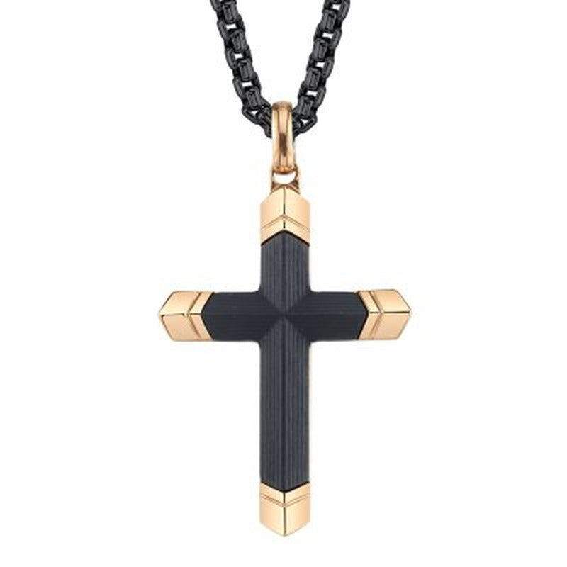 Spartan Men'S Carbon Fiber Black and Rose Gold IP Stainless Steel Cross Pendant