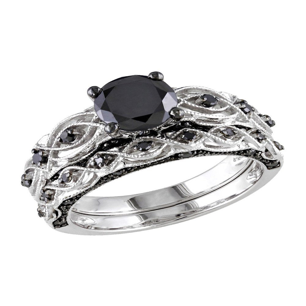 1.39 Carat (Ctw) Black Diamond Engagement Ring and Wedding Band Set in 10K White