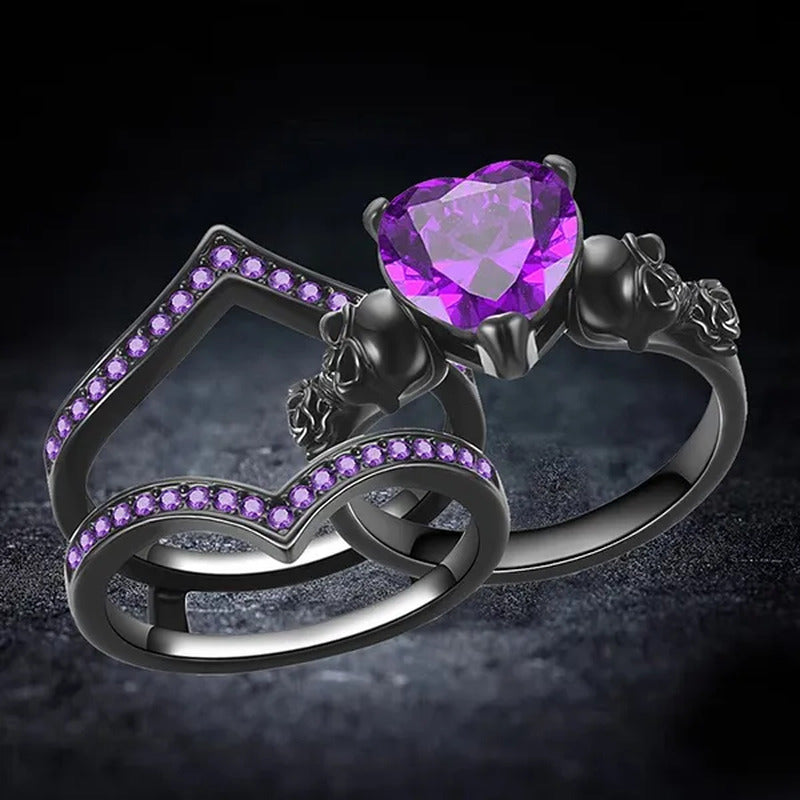 Gothic Black Rose Flower Skull Engagement Rings Set Red Purple Heart-Shaped Zirc