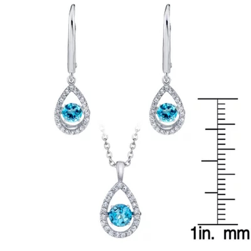 925 Sterling Dancing Blue Topaz and Lab Created White Sapphire Pendant and Ear S