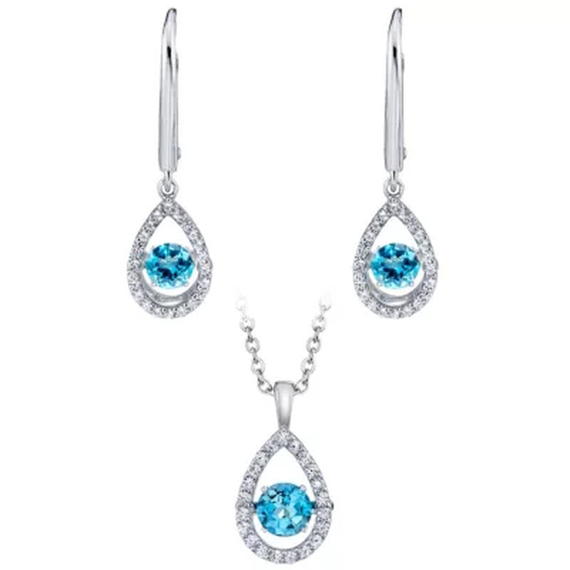 925 Sterling Dancing Blue Topaz and Lab Created White Sapphire Pendant and Ear S