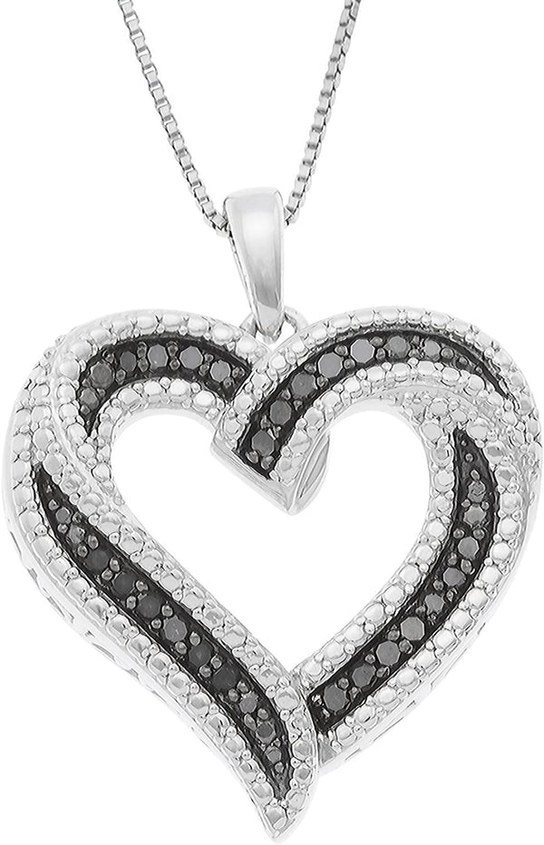 Gilded Sterling Silver 1/4Cttw Natural Round-Cut Black Diamond Heart Pendant-Nec