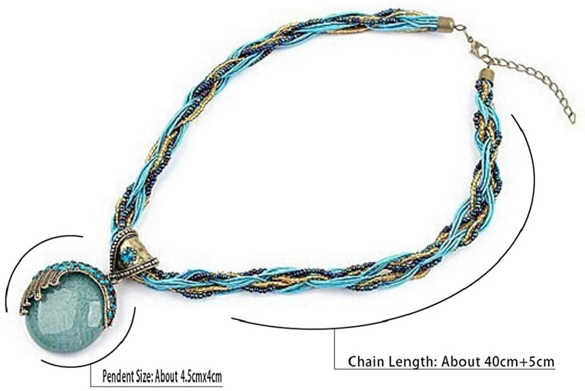 Women Lady Retro Vintage Bohemian Style Turquoise Rhinestone Pendant Collar Chai