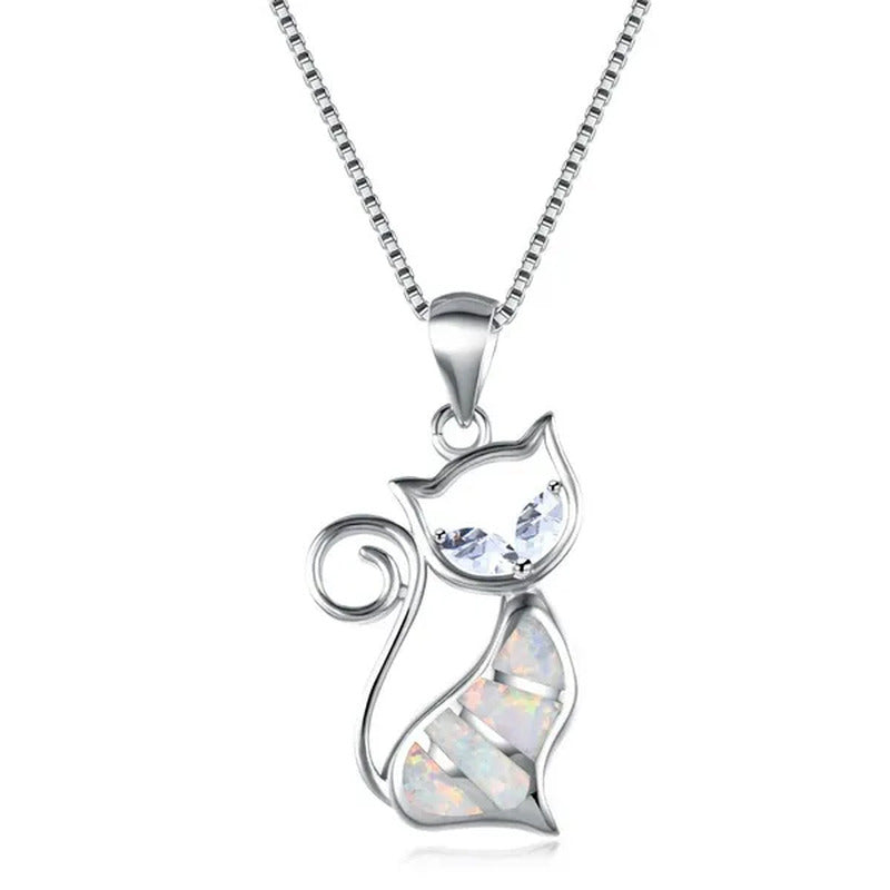 Fashion Elegant 925 Silver White Fire Opal Sapphire Cat Pendant Necklace Womens