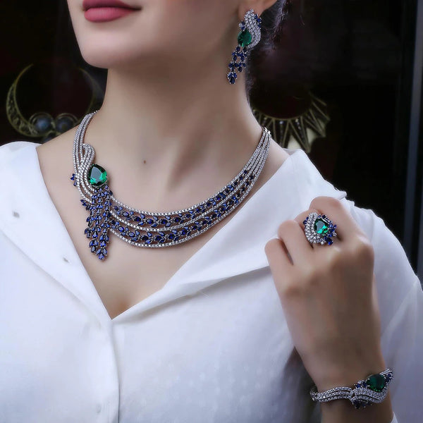 New Trendy Green Blue Mix UAE Jewelry Sets for Women Wedding Party Zircon CZ