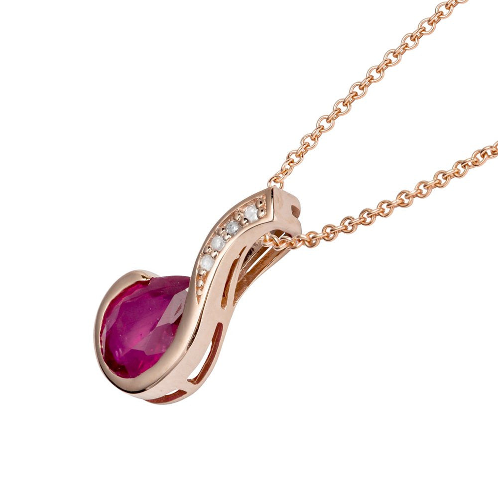 10K Rose Gold Genuine Pear-Shape Ruby and Diamond Drop Pendant Necklace