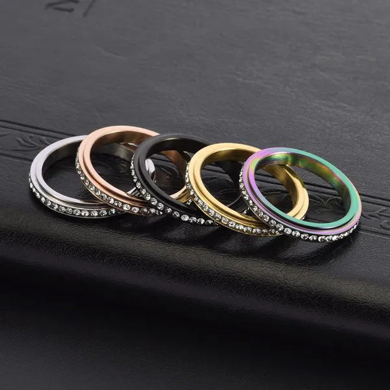 3Mm Wide Titanium Steel Exquisite Thin Spinner Ring Inlay Single Row Rhinestones