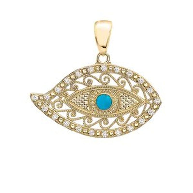 YELLOW GOLD EVIL EYE DIAMOND PENDANT NECKLACE with TURQUOISE CENTER STONE : 10K