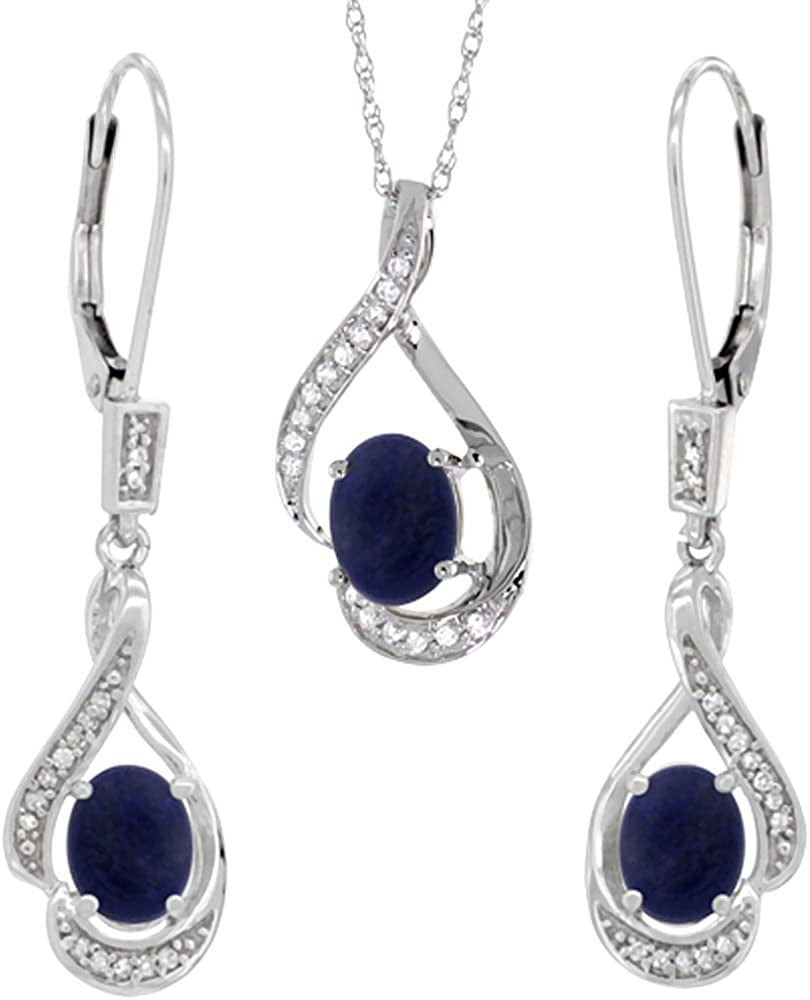 14K White Gold Diamond Natural Lapis Lever Back Earrings & Necklace Set Oval 7X5