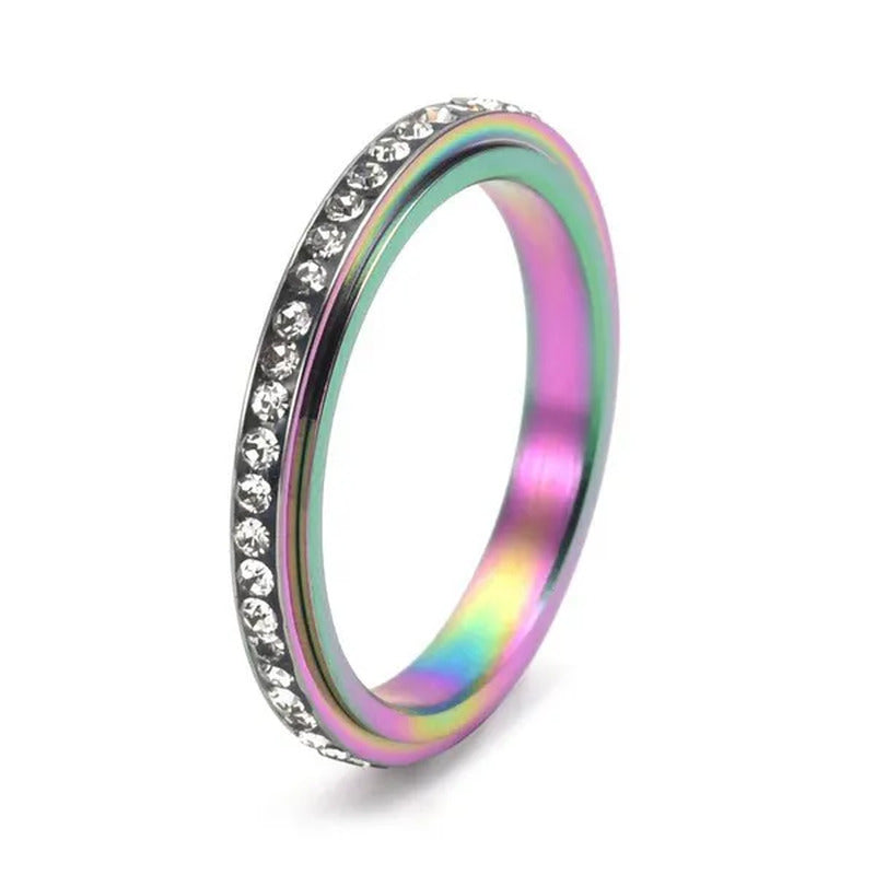 3Mm Wide Titanium Steel Exquisite Thin Spinner Ring Inlay Single Row Rhinestones