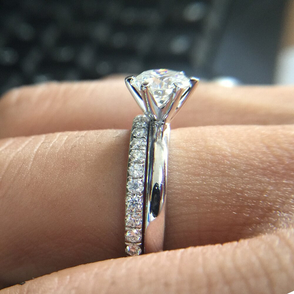 Solid 14K White Gold 0.8Ctw DF round Moissanite Engagement Ring Set Band Lab