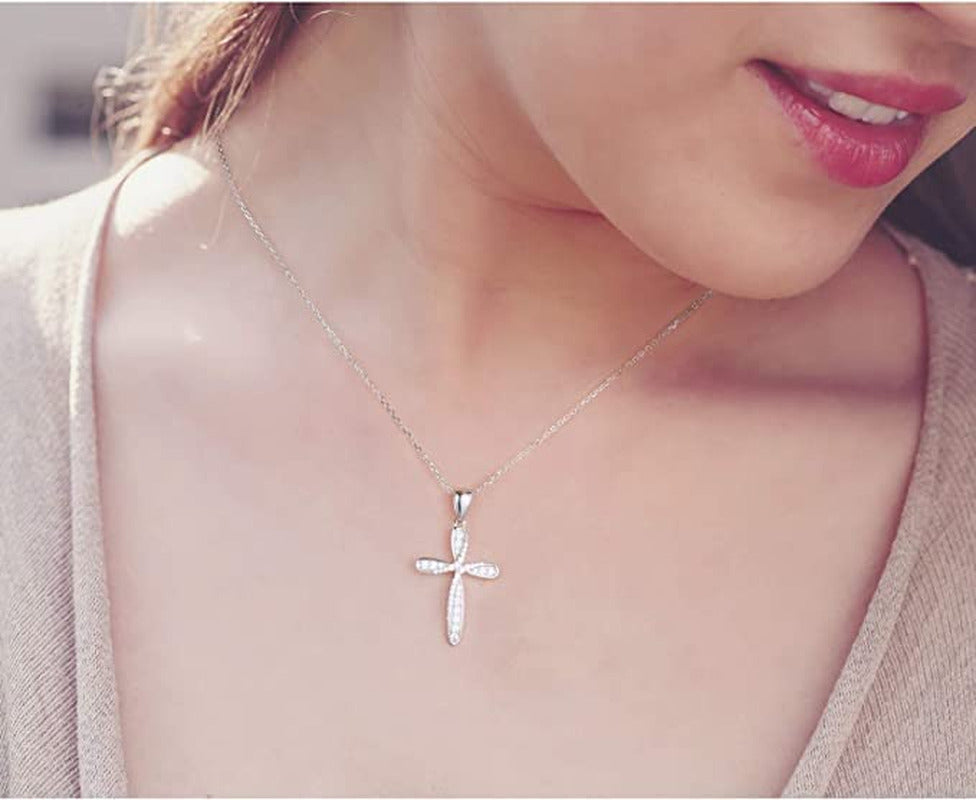 Cross Necklace for Women 925 Sterling Silver White Gold Cross Necklaces, Twisted