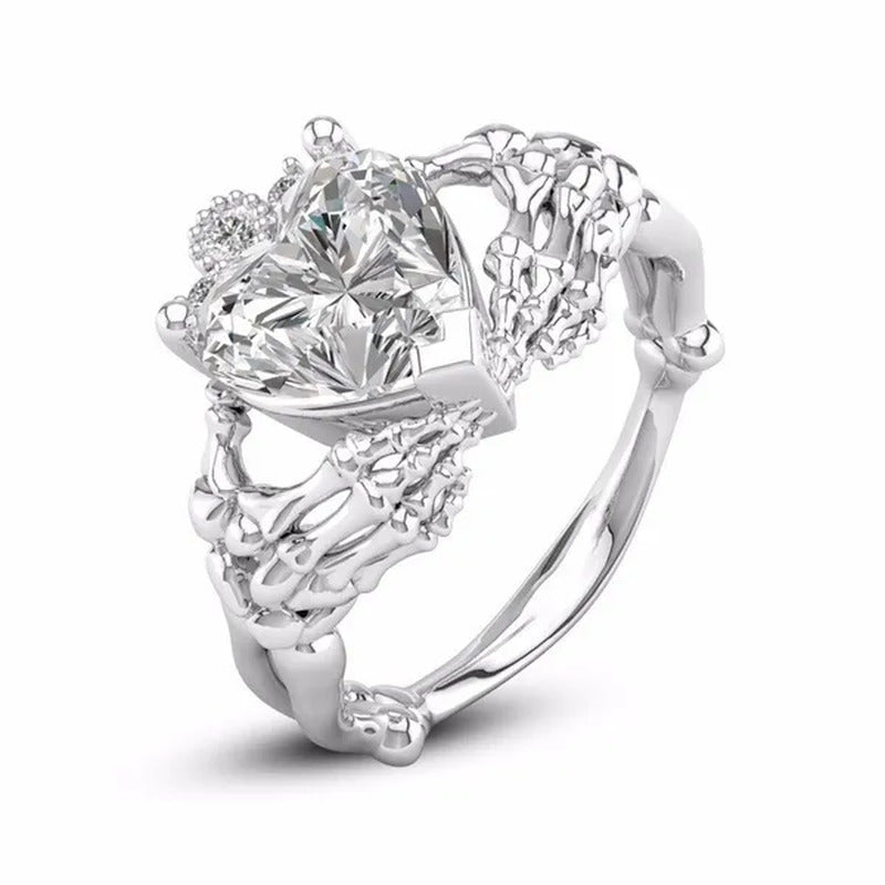 Claddagh White Sapphire Heart Punk Skeleton Hands Diamond Promise Proposal Engag