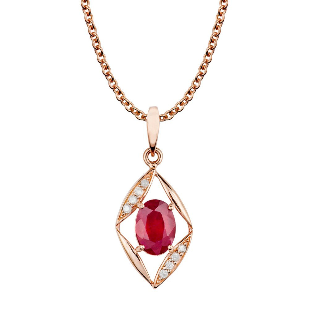 10K Rose Gold Genuine Oval Ruby and Diamond Pendant Necklace