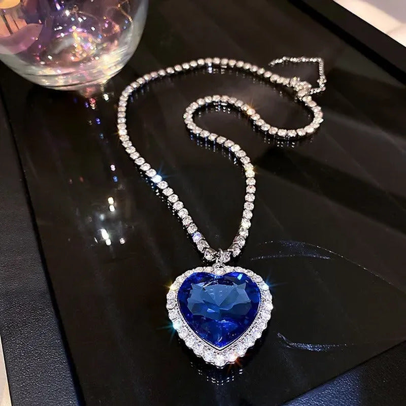 Big Crystal Heart Pendant Necklace for Women Full Rhinestone Heart of Ocean Blue