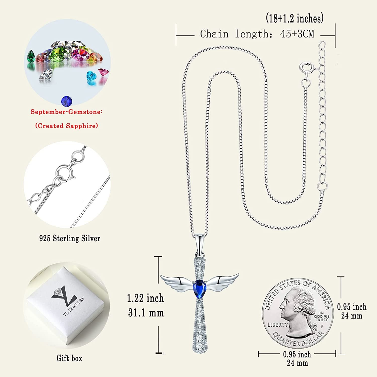 YL Cross Necklace 925 Sterling Silver Angel Wings Pendant Teardrop Cubic Zirconi