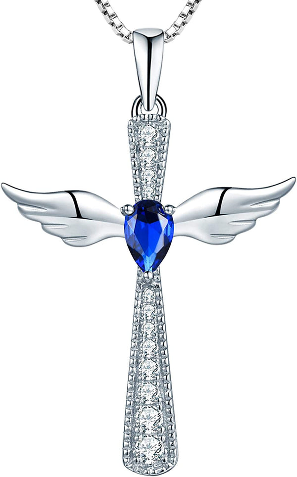 YL Cross Necklace 925 Sterling Silver Angel Wings Pendant Teardrop Cubic Zirconi