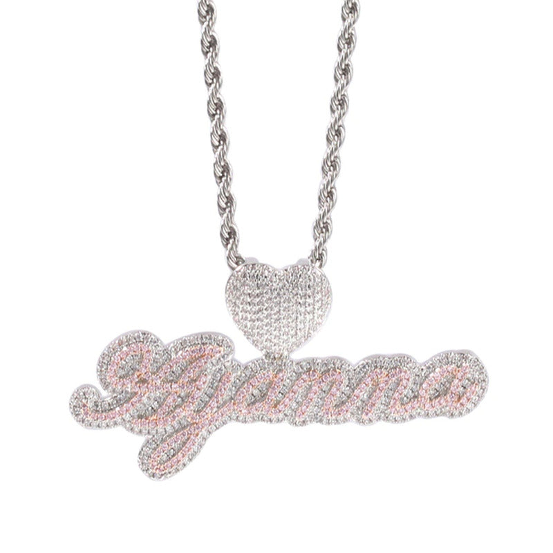 Custom Name Necklace Bubble Letter Heart Buckle Iced Out White Pink CZ Pendant