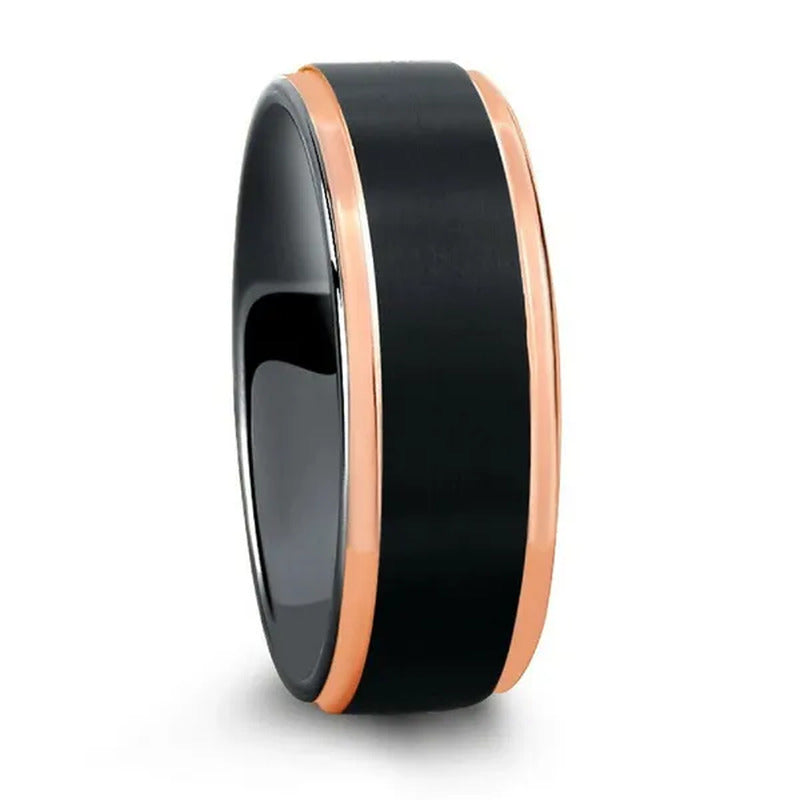 Men'S Black Tungsten Ring with Rose Gold Edge Plating Wedding Band for Men Jewel