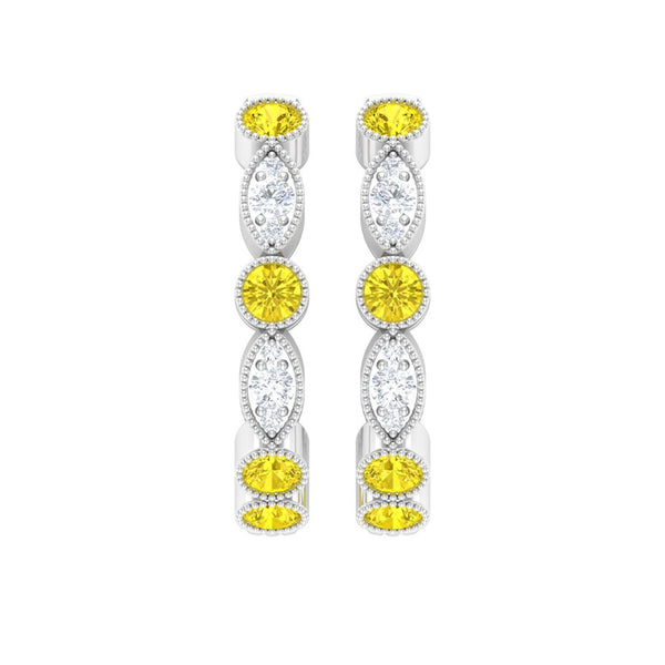 1 CT Yellow Sapphire and Diamond Hoop Earrings, Yellow Sapphire Vintage Earrings