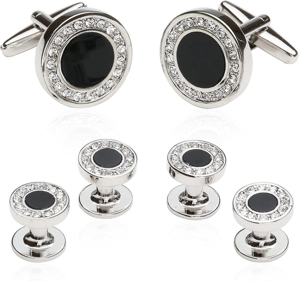 Men'S Black Onyx and Cubic Zirconia Silver Cufflinks Studs Formal Set with Trave