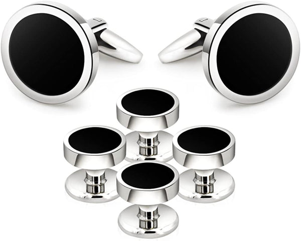 Onyx Cufflinks and Studs Set Formal Black Silver Groomsmen Groom Wedding Gift Cu