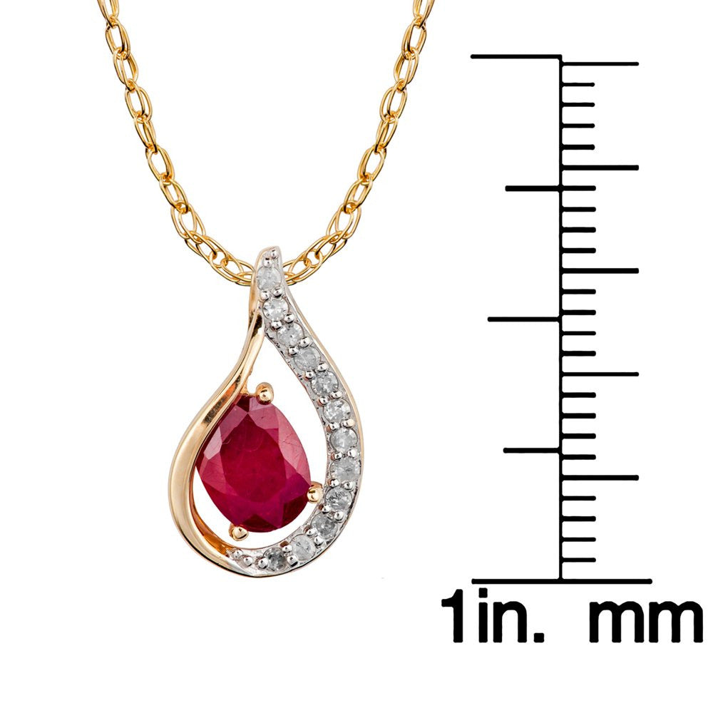 10K Yellow Gold Genuine Oval Ruby and Diamond Halo Drop Pendant Necklace