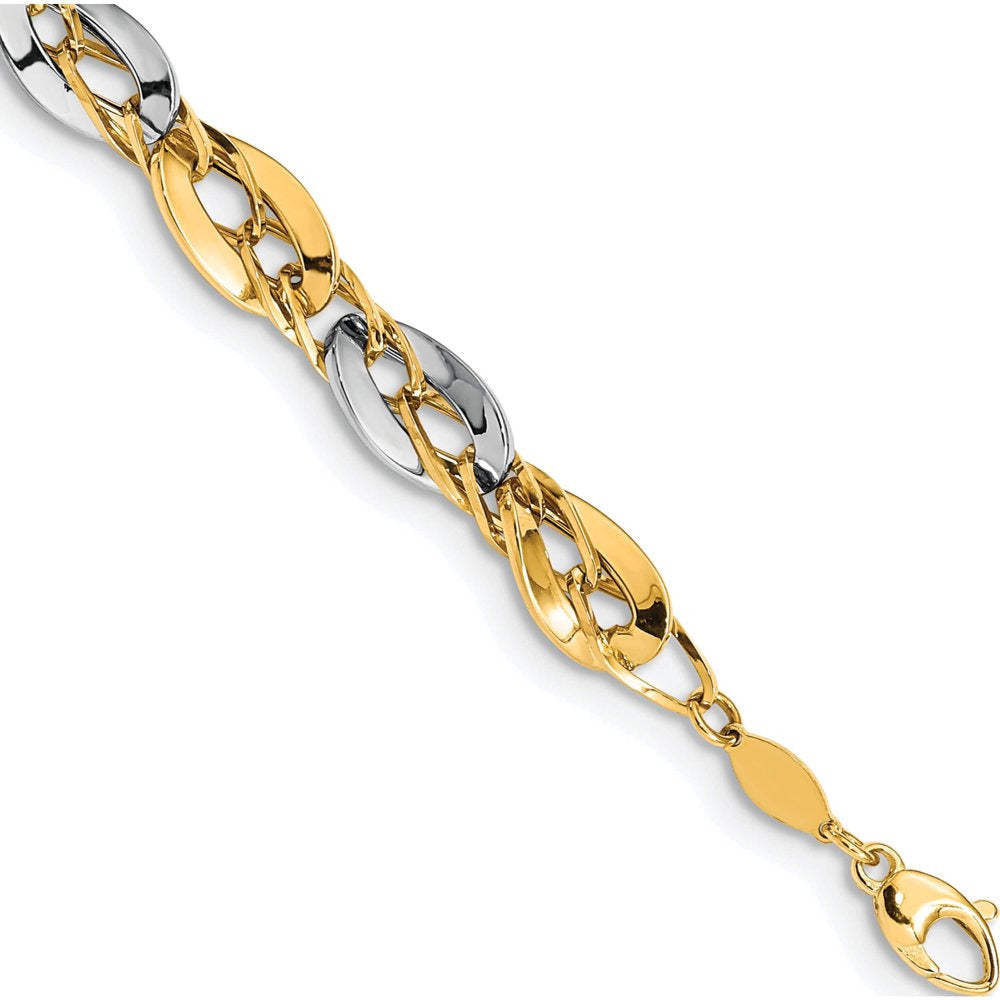 14K Two-Tone Polished Fancy Double Curb Link Bracelet (8 X 8.25) Made in Italy S