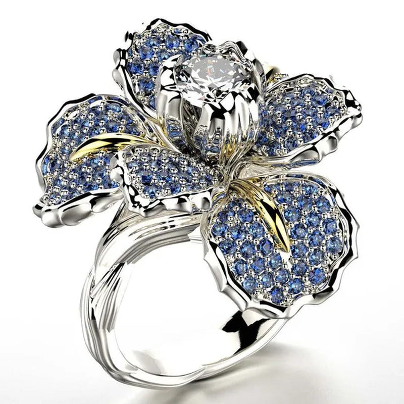 925 Silver Ring Iris Flower Two Tone Ring Blue Sapphire Flower Engagement Cockta