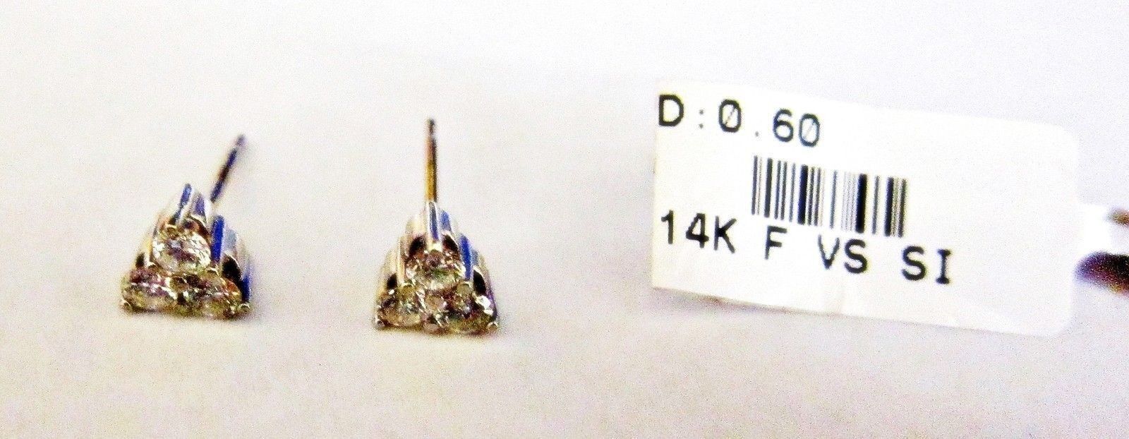 $1,500 RETAIL DIAMOND STUD THREE STONE EACH SET EARRING .60 CT 14 K GOLD