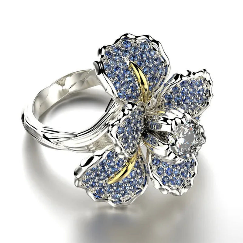 925 Silver Ring Iris Flower Two Tone Ring Blue Sapphire Flower Engagement Cockta