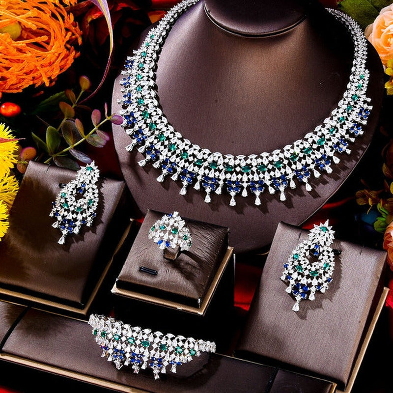 New Trendy Green Blue Mix UAE Jewelry Sets for Women Wedding Party Zircon CZ