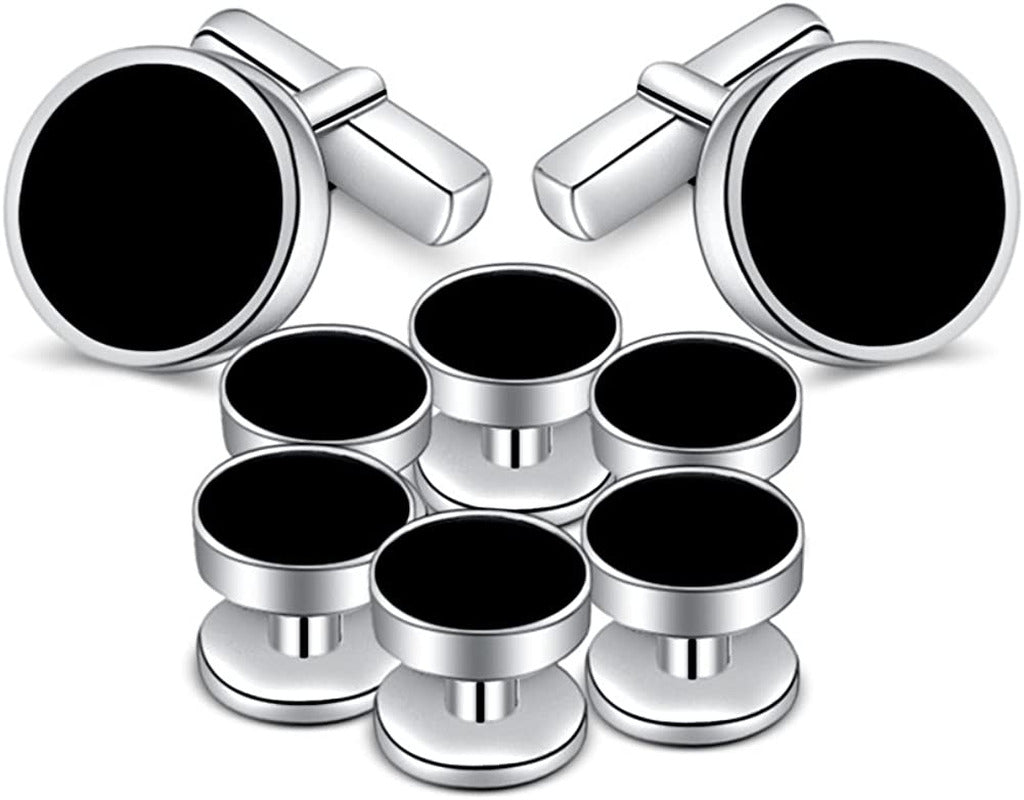 Mens Onyx Cufflinks and Studs Set Silver Black Cufflinks for Men Tuxedo Shirts B