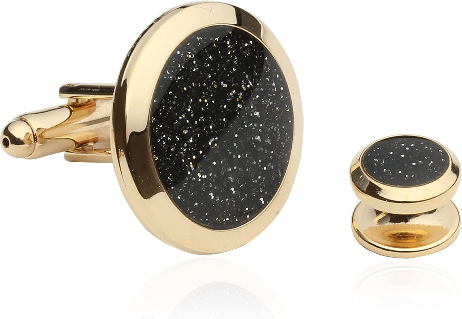 Mens Black Diamond Dust Gold Cufflinks and Studs Cuff Links with Jewelry Present